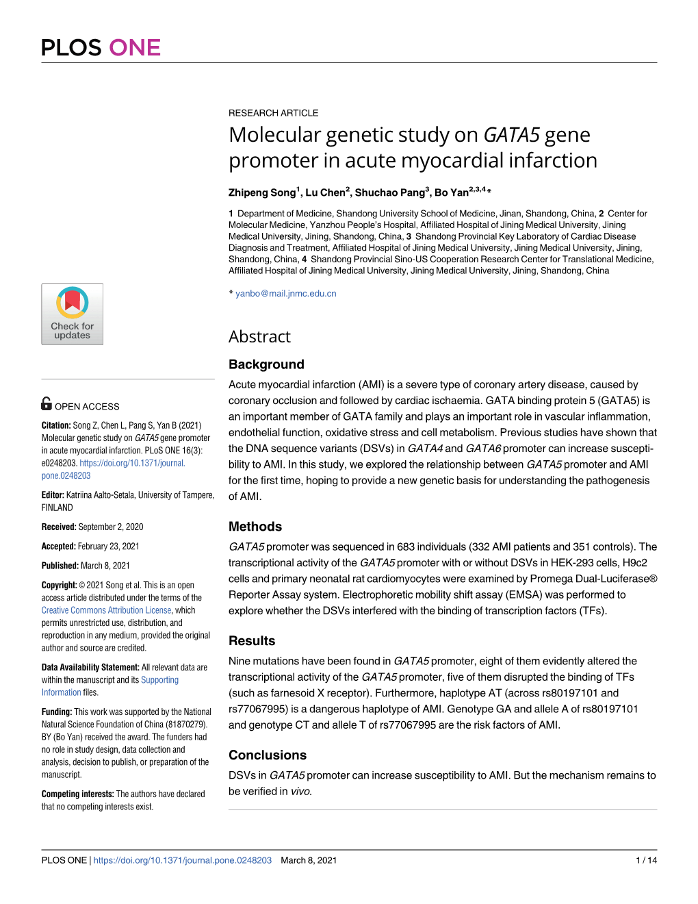 Molecular Genetic Study on GATA5 Gene Promoter in Acute Myocardial Infarction