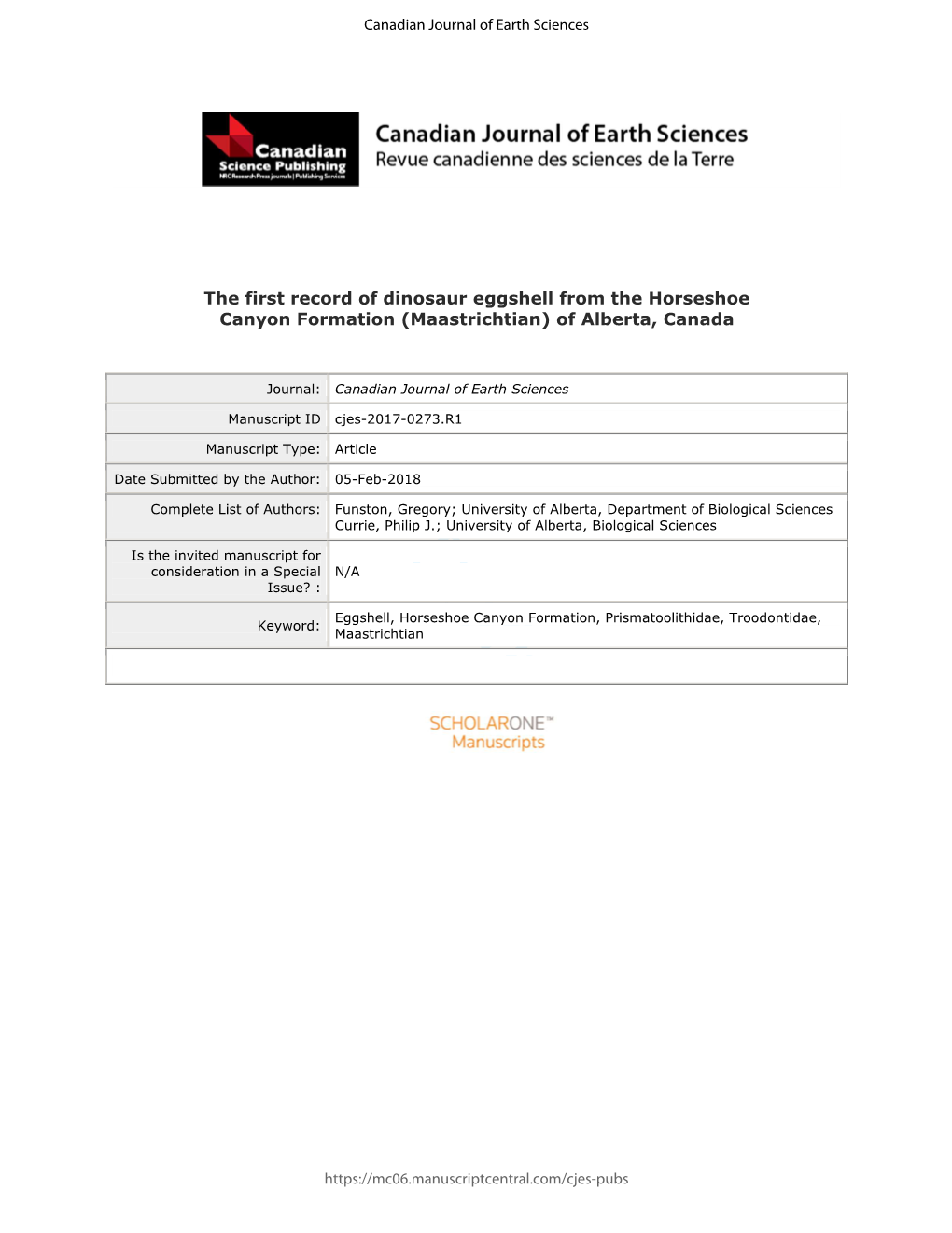 The First Record of Dinosaur Eggshell from the Horseshoe Canyon Formation (Maastrichtian) of Alberta, Canada