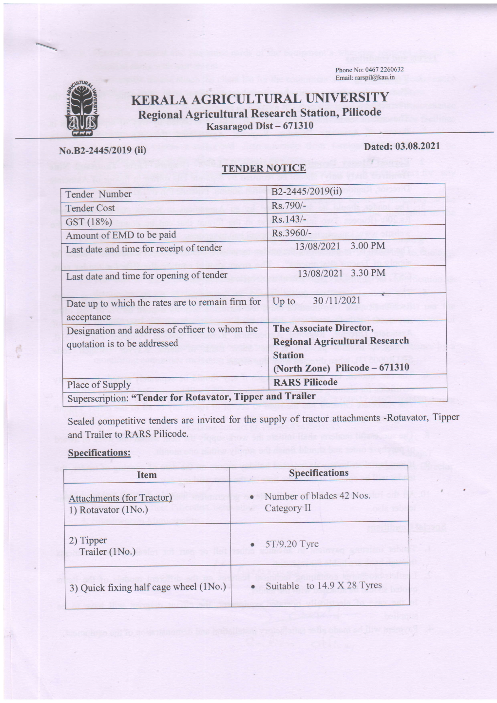 Regional Agricultural Research Stationo Pilicode up to 30 Llll202l