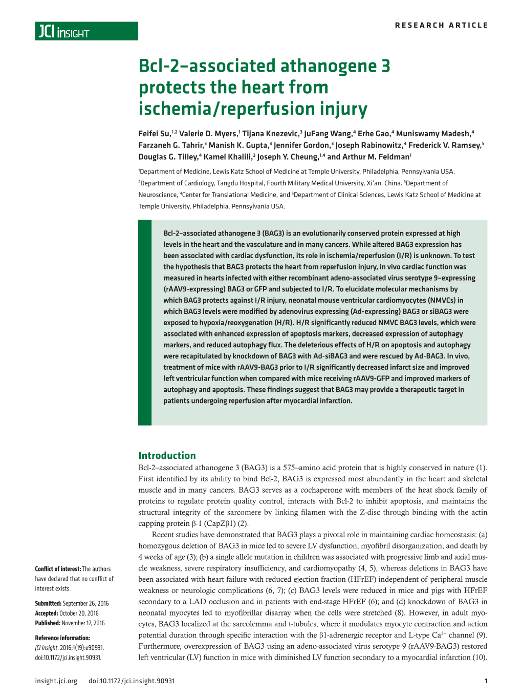 Bcl-2–Associated Athanogene 3 Protects the Heart from Ischemia/Reperfusion Injury