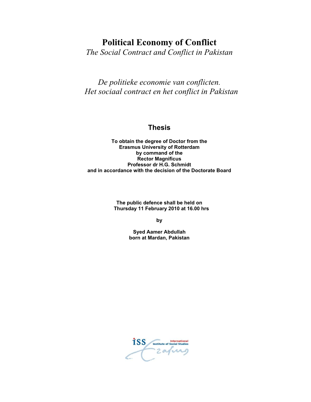 Political Economy of Conflict the Social Contract and Conflict in Pakistan