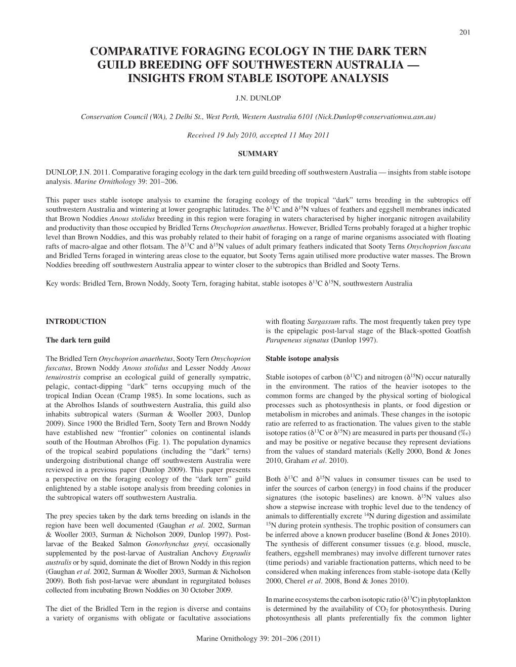 Comparative Foraging Ecology in the Dark Tern Guild Breeding Off Southwestern Australia — Insights from Stable Isotope Analysis