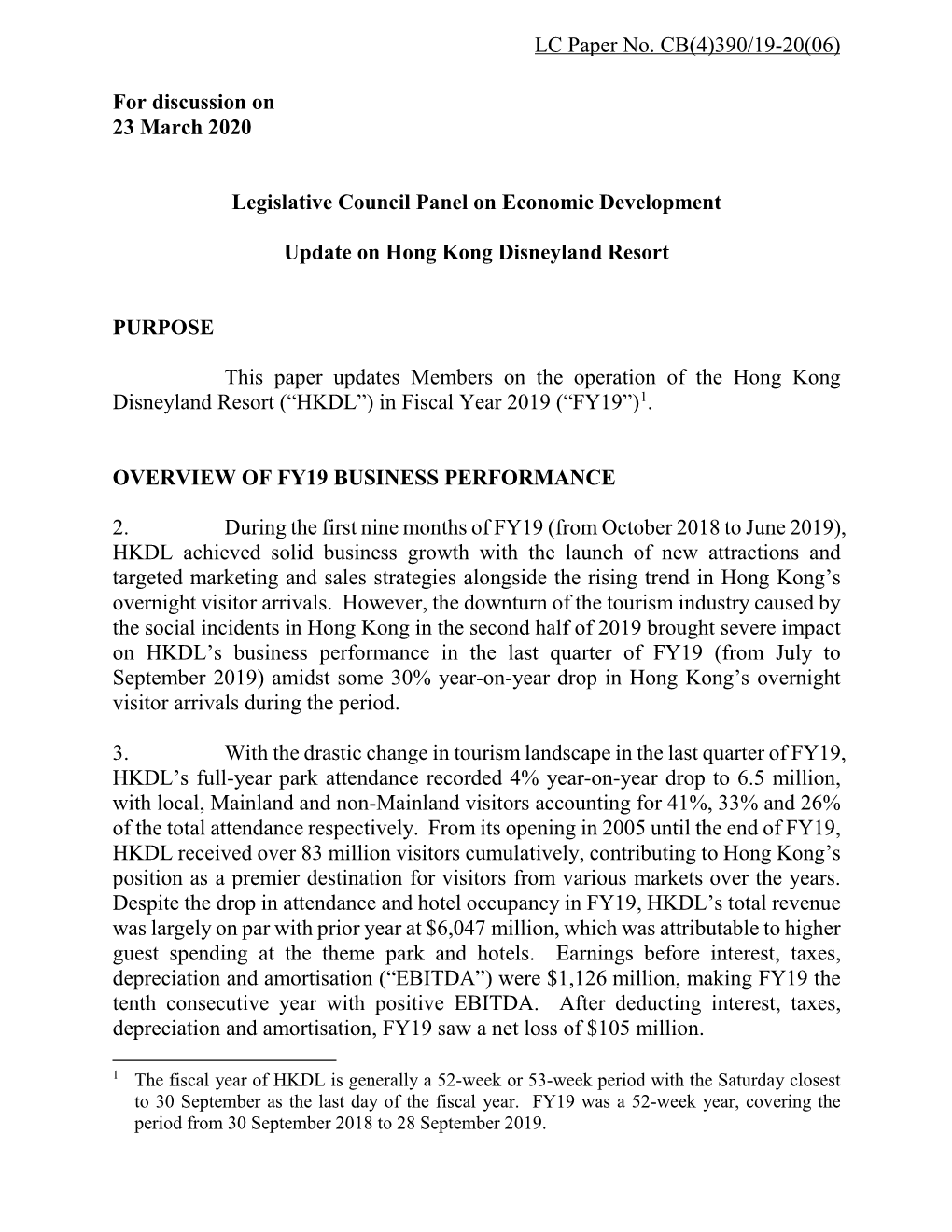 Administration's Paper on the Update on Hong Kong Disneyland Resort