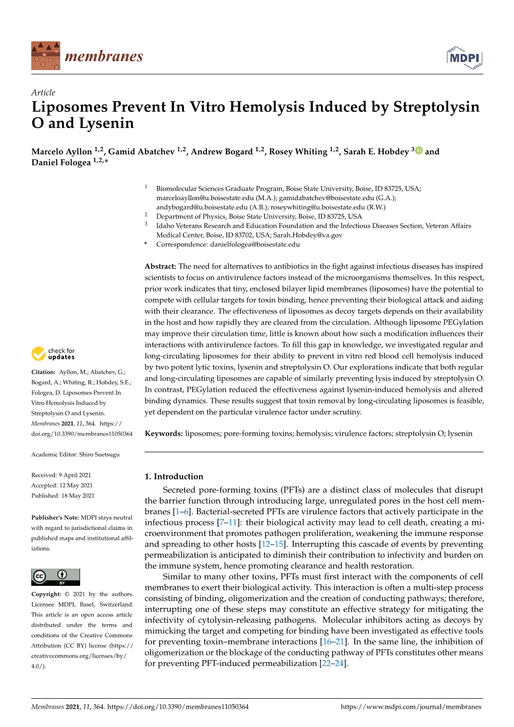 Liposomes Prevent in Vitro Hemolysis Induced by Streptolysin O and Lysenin