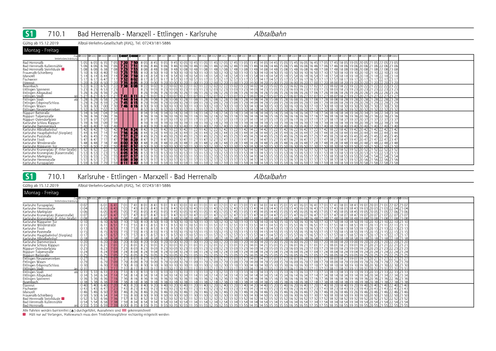 Ettlingen - Karlsruhe Albtalbahn Gültig Ab 15.12.2019 Albtal-Verkehrs-Gesellschaft (AVG), Tel