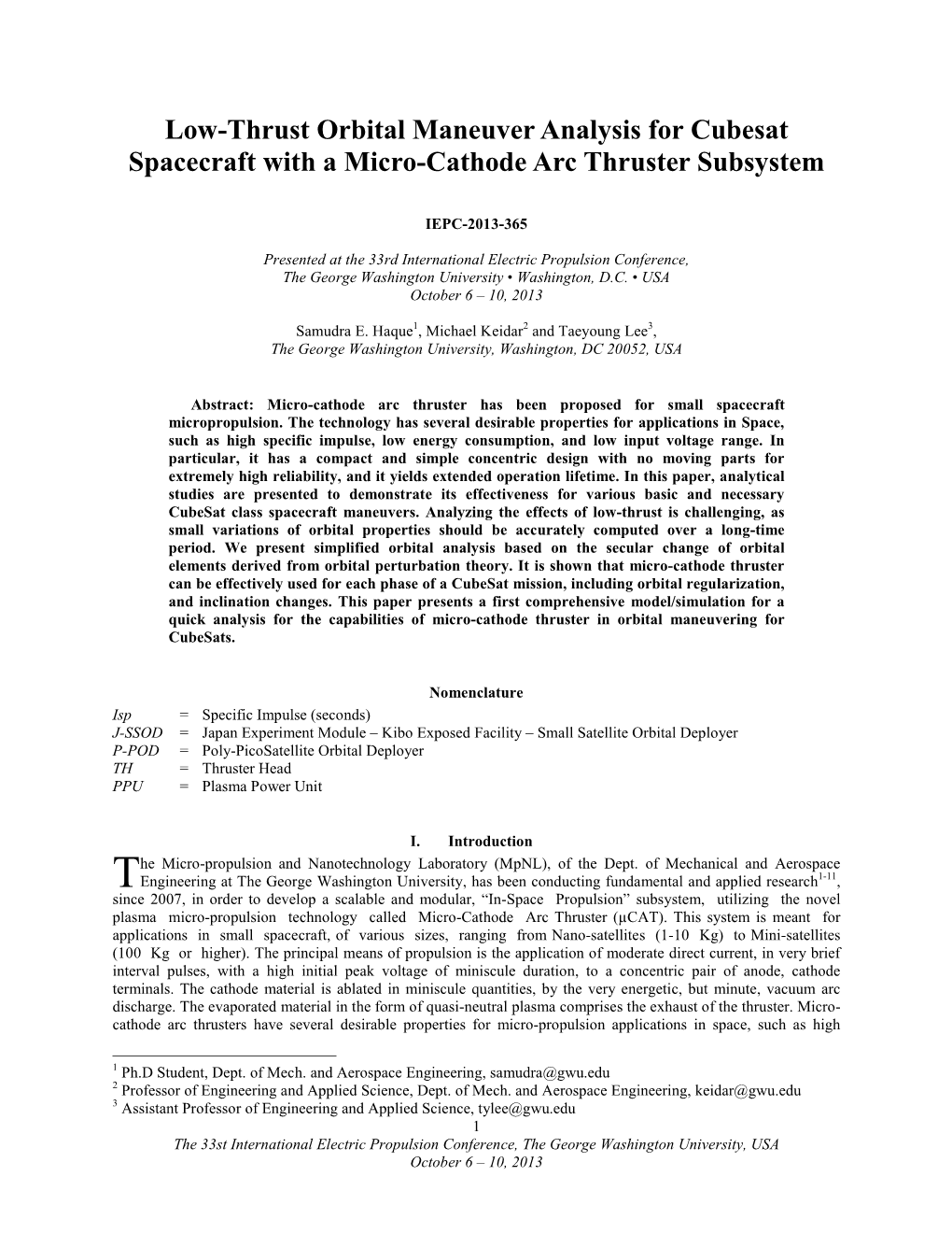 Low-Thrust Orbital Maneuver Analysis for Cubesat Spacecraft with a Micro-Cathode Arc Thruster Subsystem