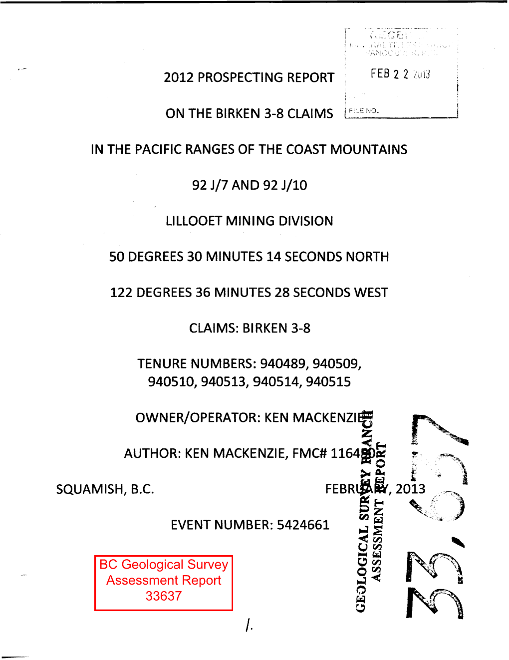 BC Geological Survey Assessment Report 33637