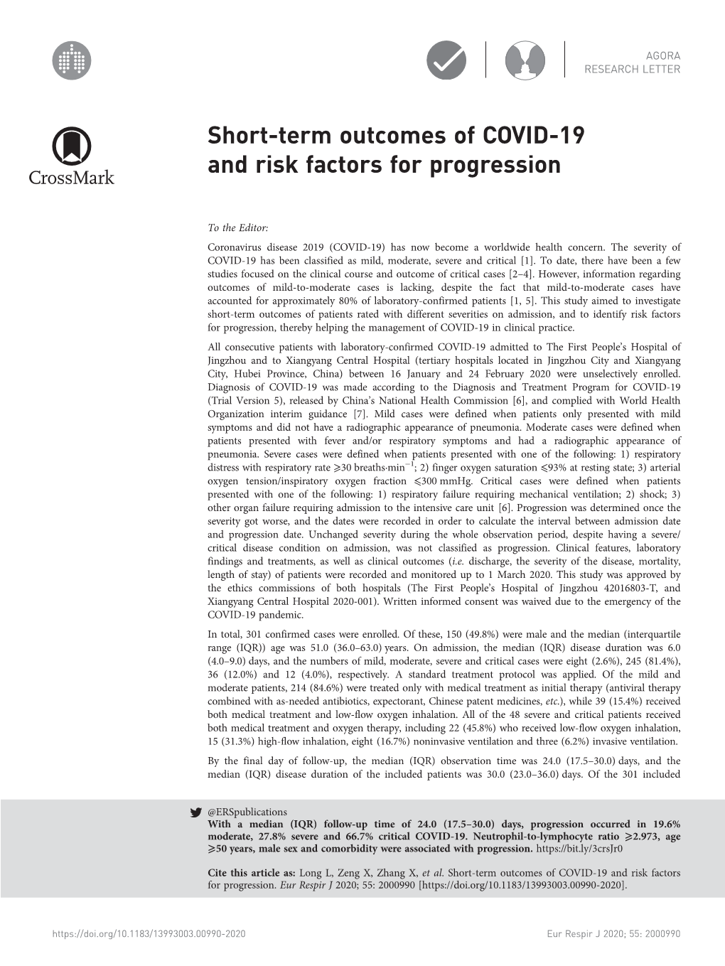 Short-Term Outcomes of COVID-19 and Risk Factors for Progression