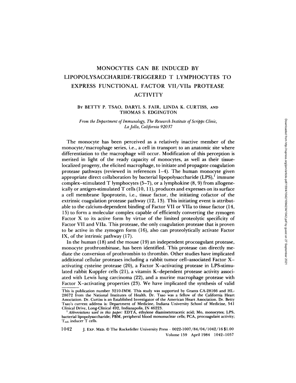 MONOCYTES CAN BE INDUCED by LIPOPOLYSACCHARIDE-TRIGGERED T LYMPHOCYTES to EXPRESS FUNCTIONAL FACTOR VII/Viia PROTEASE ACTIVITY B