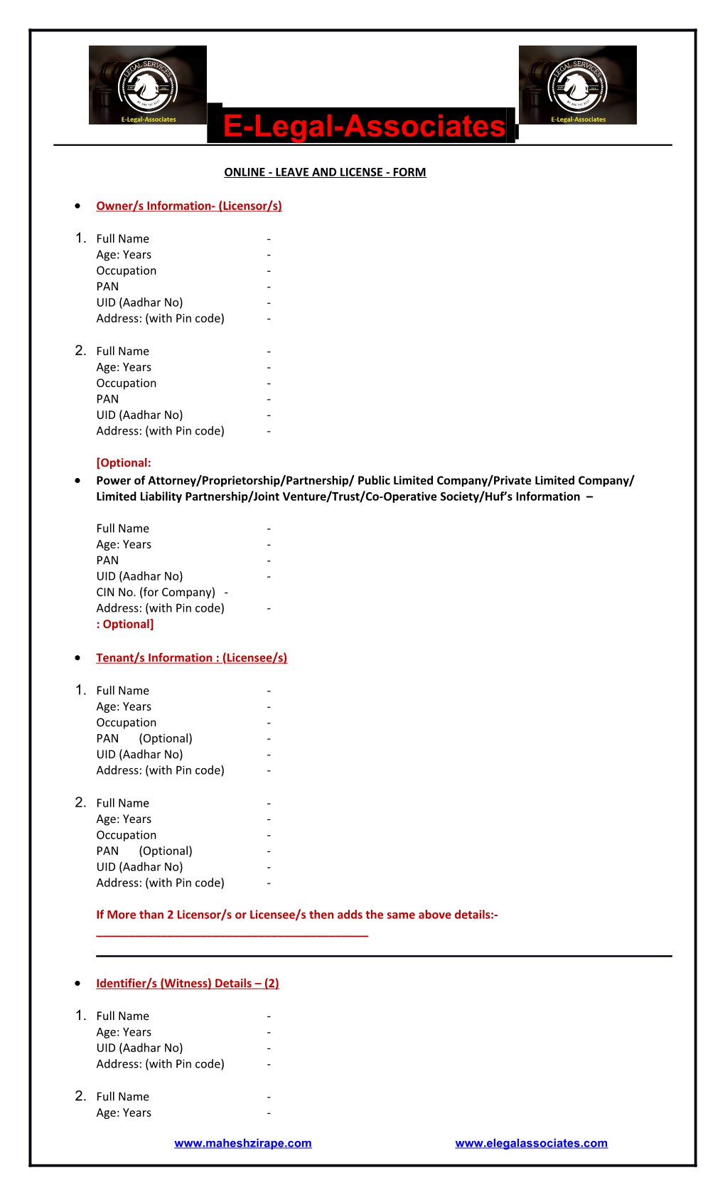 Online - Leave and License - Form