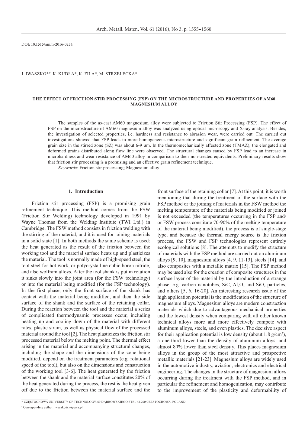 1. Introduction Friction Stir Processing (FSP) Is a Promising Grain