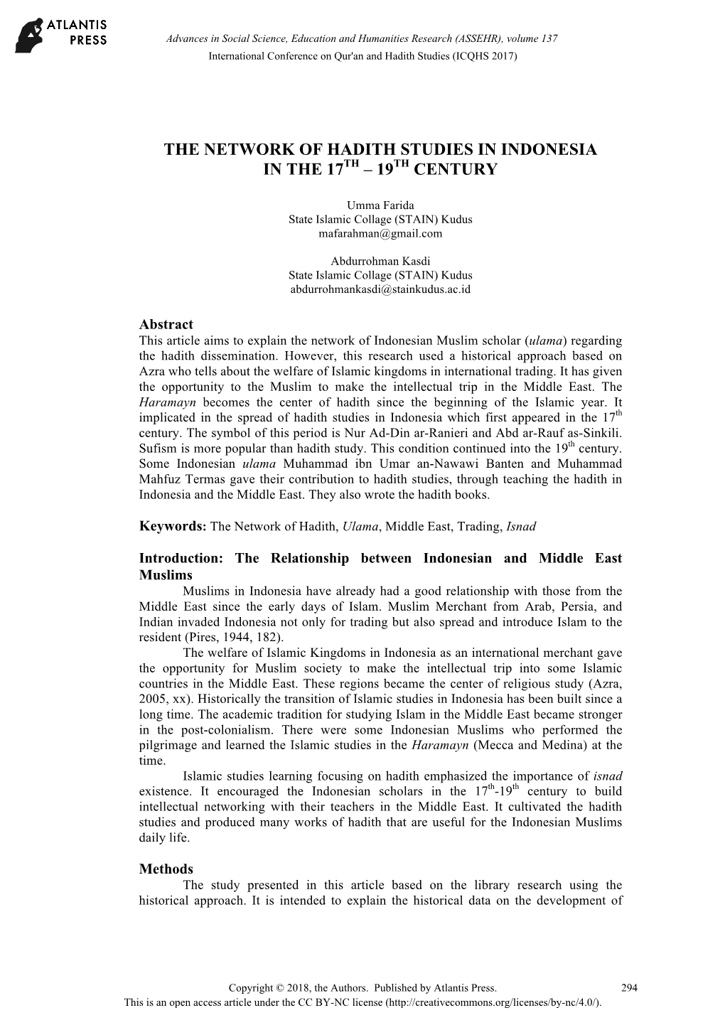 The Network of Hadith Studies in Indonesia in the 17Th – 19Th Century