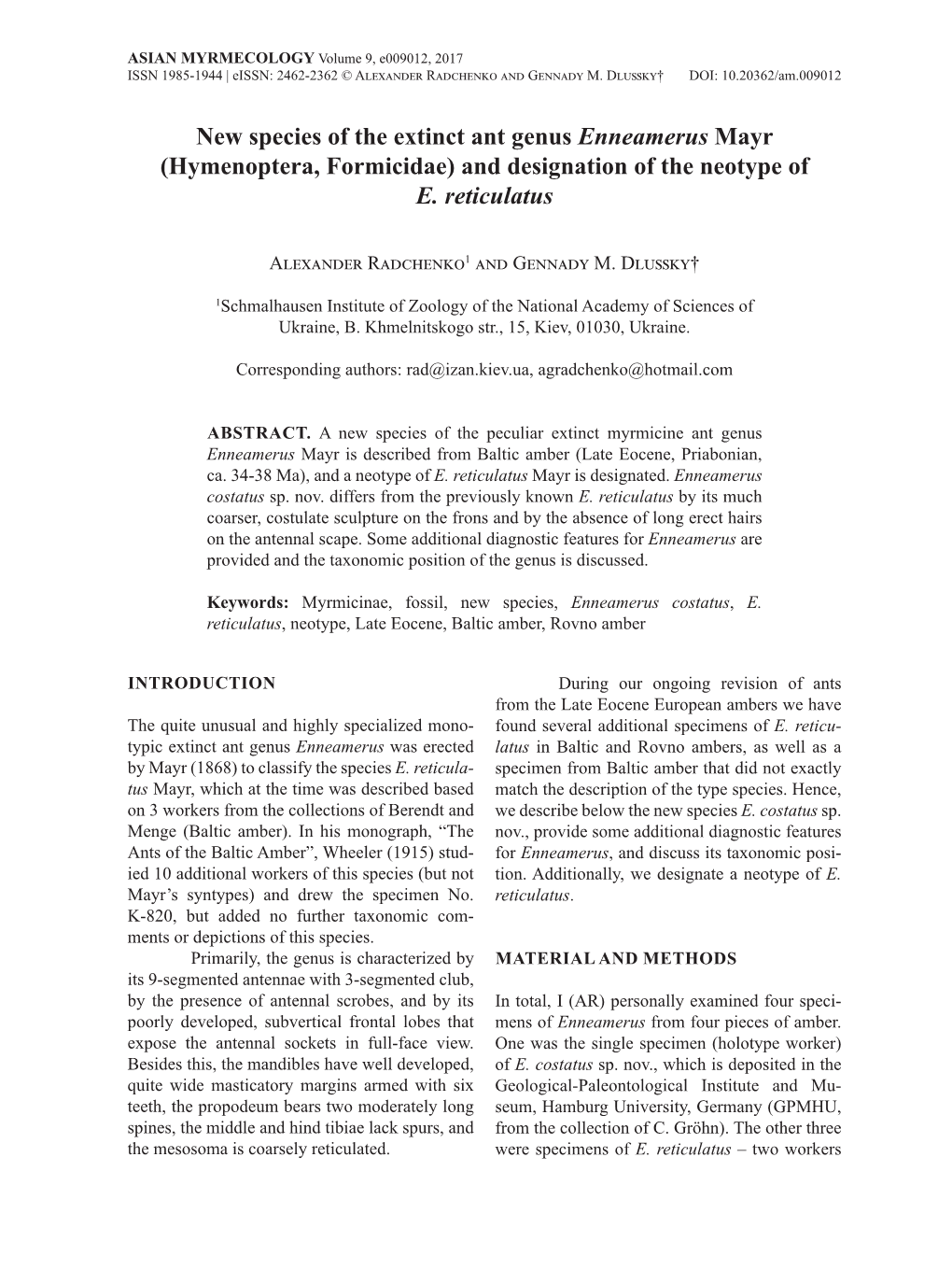 New Species of the Extinct Ant Genus Enneamerus Mayr (Hymenoptera, Formicidae) and Designation of the Neotype of E