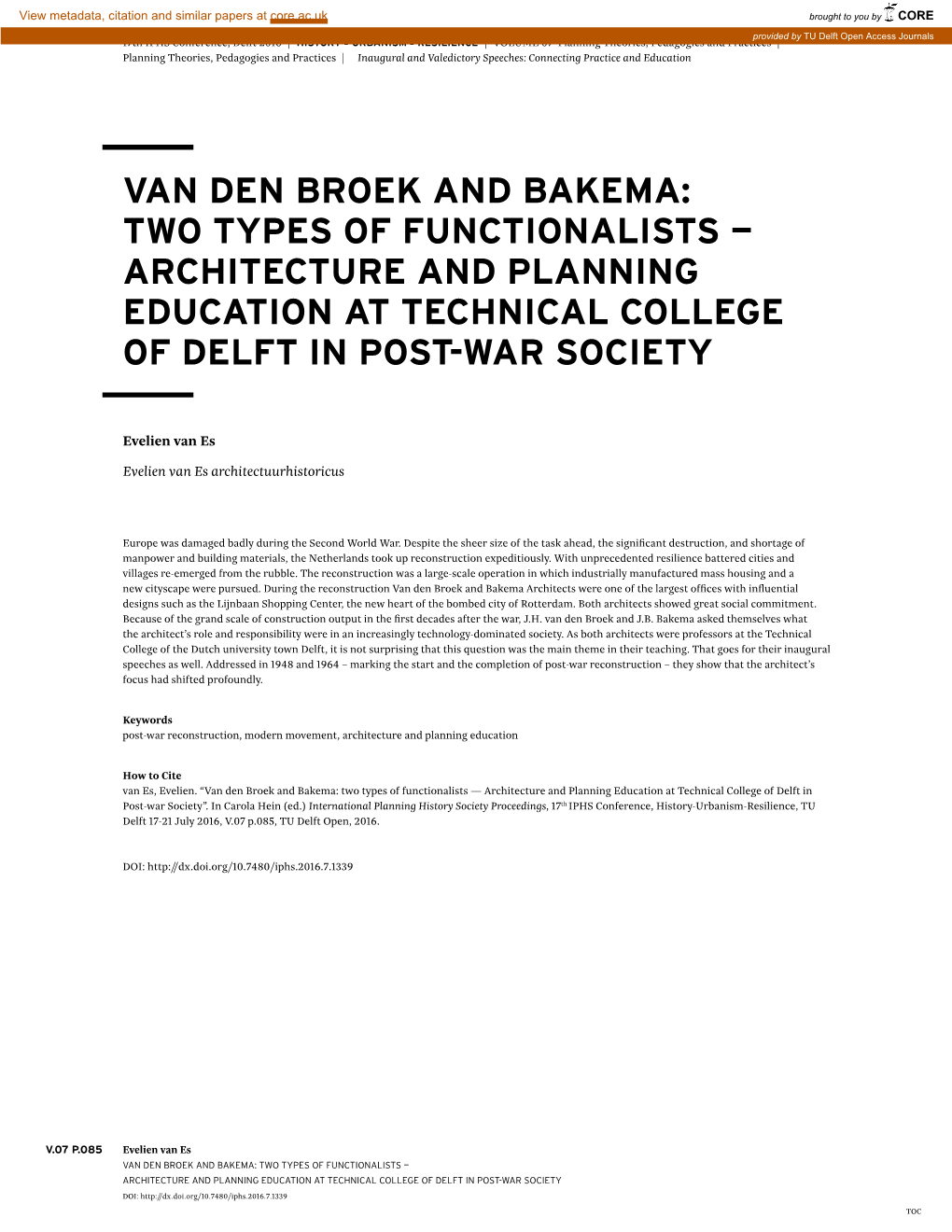 Van Den Broek and Bakema: Two Types of Functionalists — Architecture and Planning Education at Technical College of Delft in Post-War Society