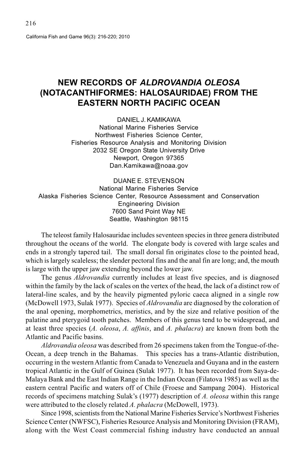 New Records of Aldrovandia Oleosa (Notacanthiformes: Halosauridae) from the Eastern North Pacific Ocean