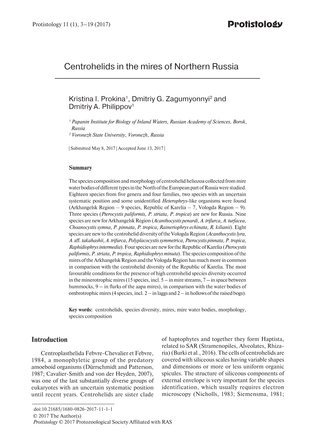 Protistology Centrohelids in the Mires of Northern Russia