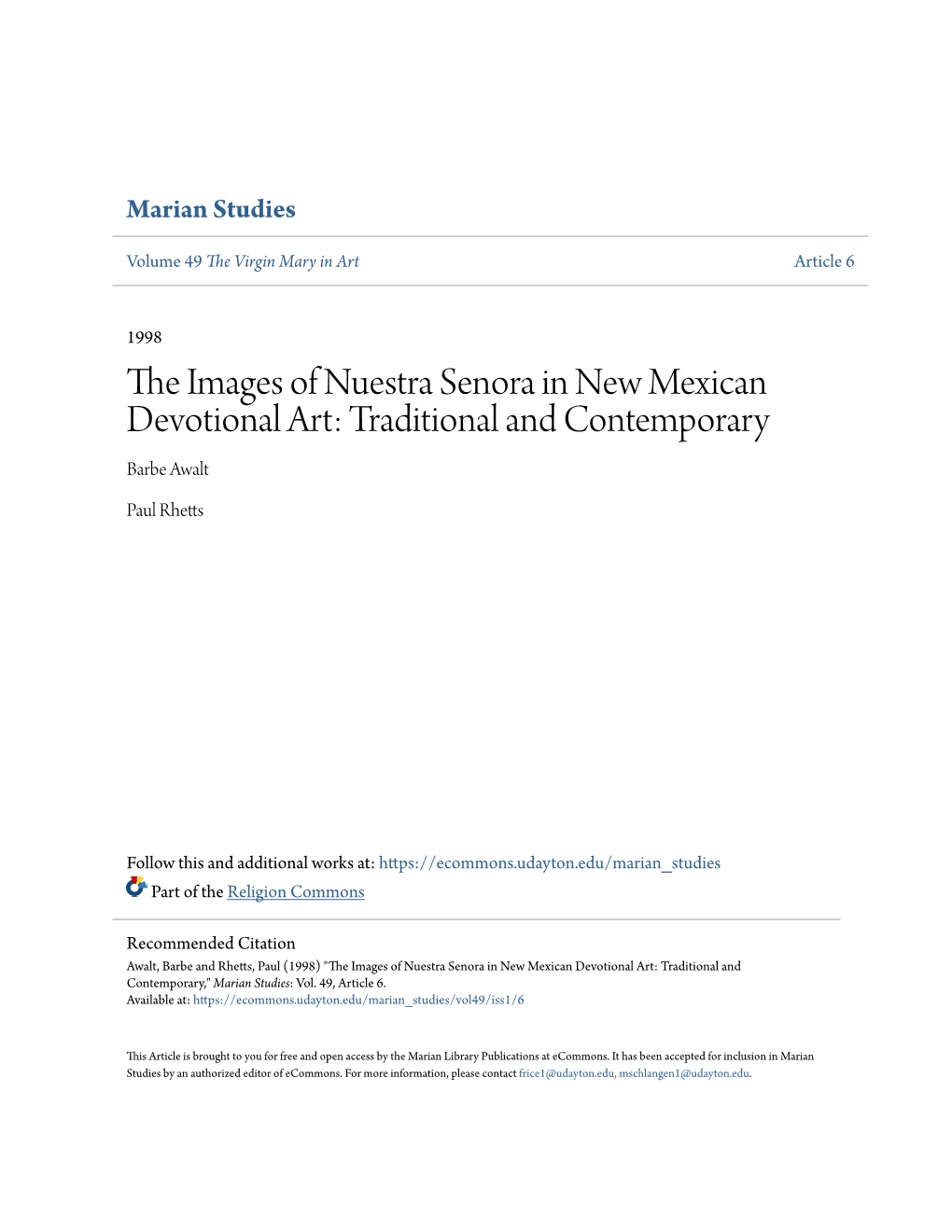 THE IMAGES of NUESTRA SENORA in NEW MEXICAN DEVOTIONAL ART: Tradffional and CONTEMPORARY