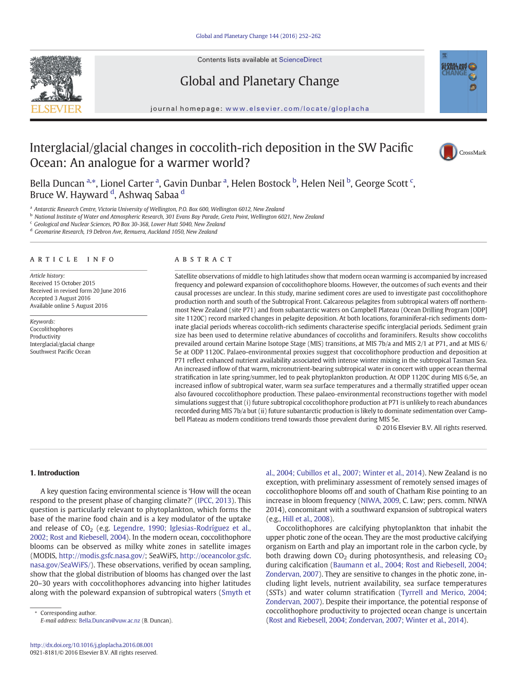 Interglacial/Glacial Changes in Coccolith-Rich Deposition in the SW Paciﬁc Ocean: an Analogue for a Warmer World?