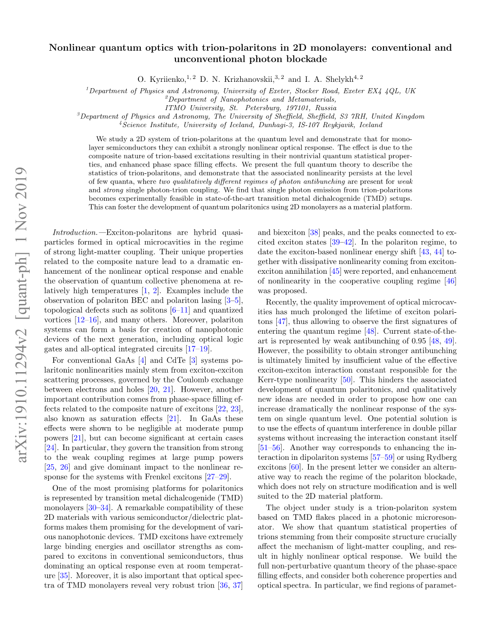 Arxiv:1910.11294V2 [Quant-Ph] 1 Nov 2019 [25, 26] and Give Dominant Impact to the Nonlinear Re- Excitons [60]