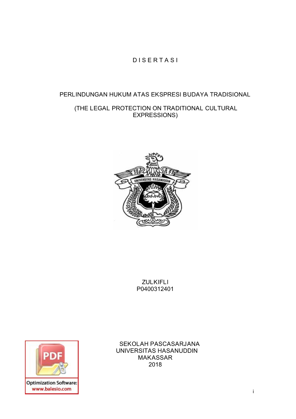 D I S E R T a S I Perlindungan Hukum Atas Ekspresi Budaya