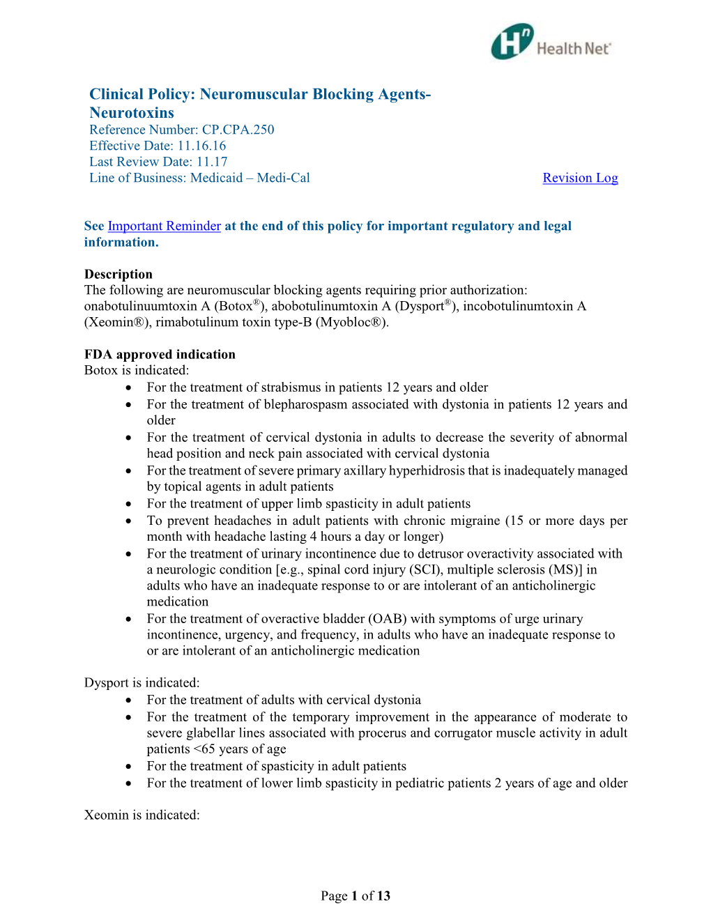 Clinical Policy: Neuromuscular Blocking Agents- Neurotoxins