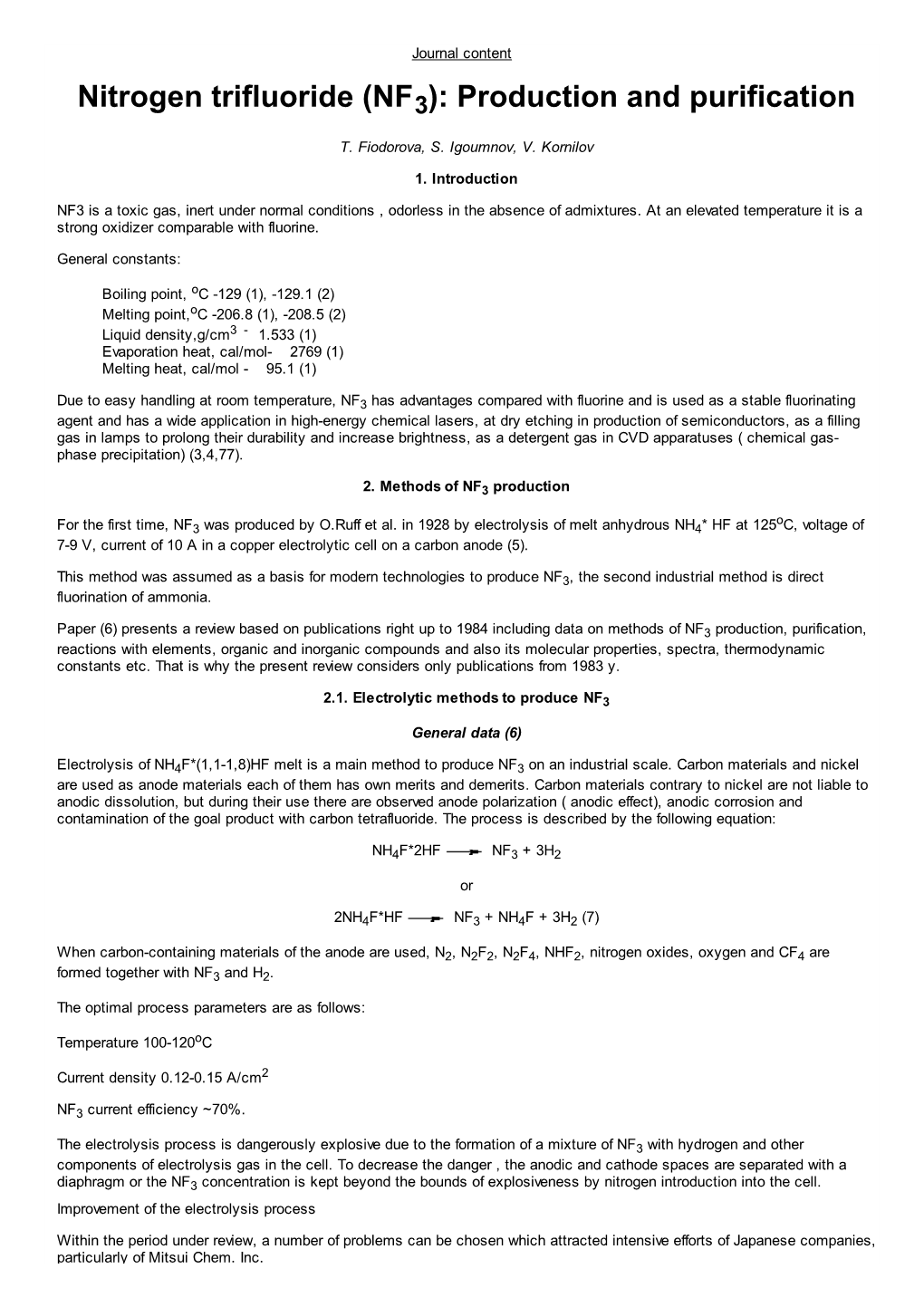 Nitrogen Trifluoride (NF3 ): Production and Purification