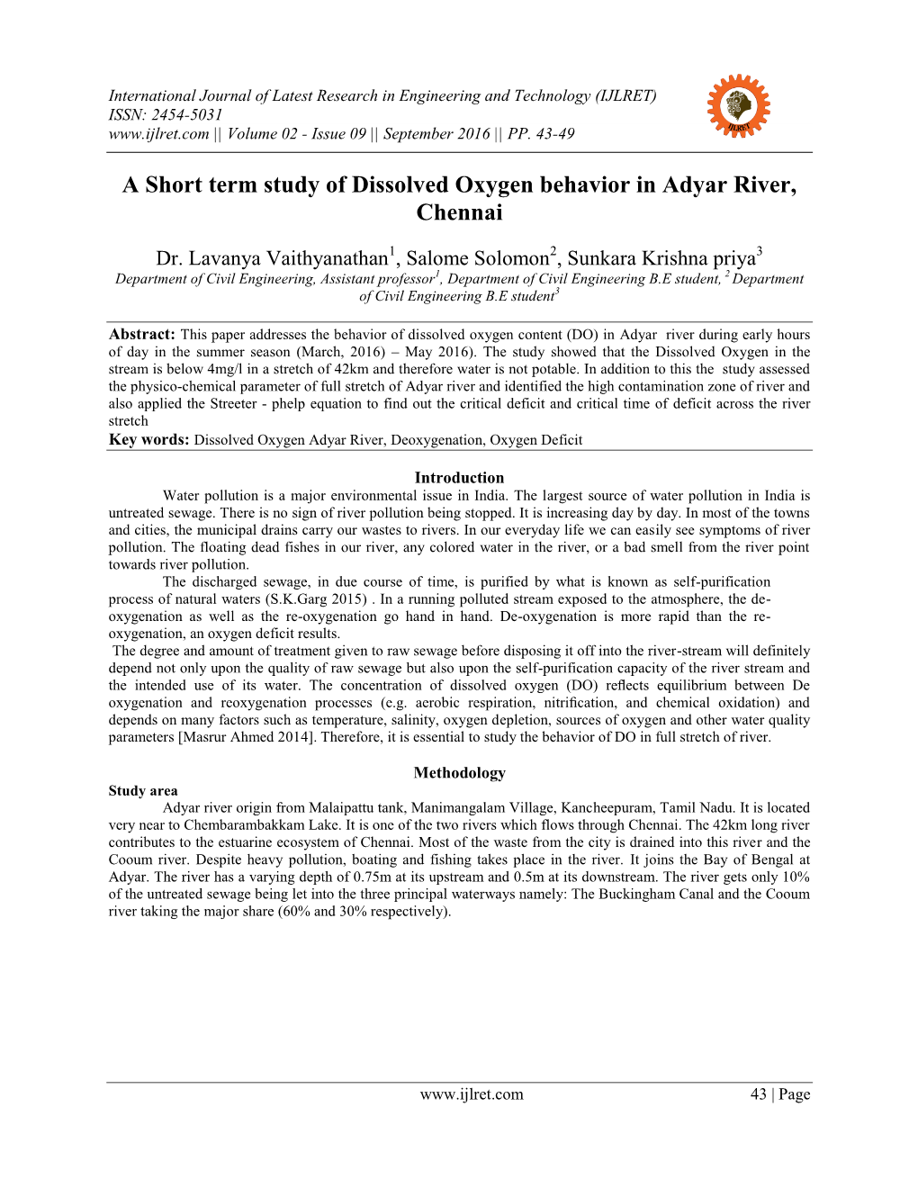 A Short Term Study of Dissolved Oxygen Behavior in Adyar River, Chennai