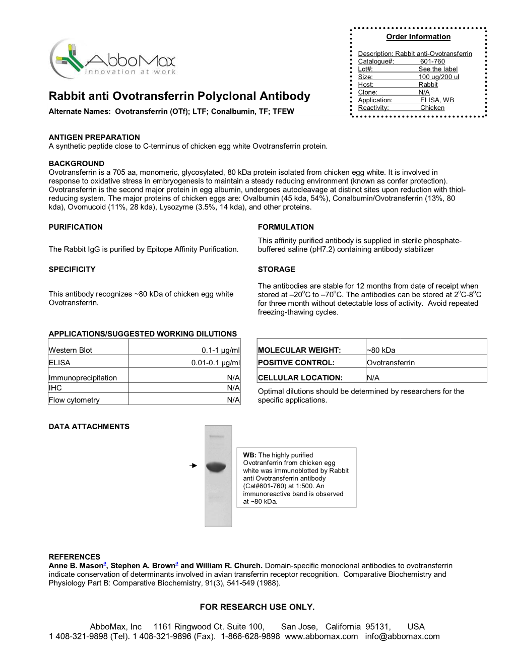 Rabbit Anti Ovotransferrin Polyclonal Antibody Application: ELISA, WB Alternate Names: Ovotransferrin (Otf); LTF; Conalbumin, TF; TFEW Reactivity: Chicken