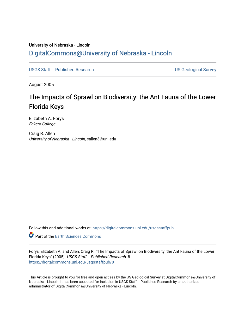 The Impacts of Sprawl on Biodiversity: the Ant Fauna of the Lower Florida Keys