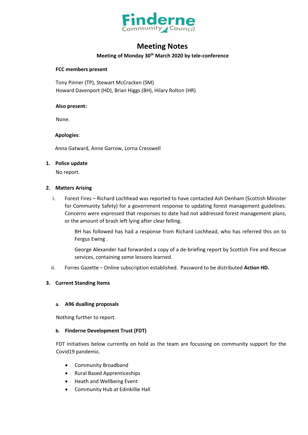 Meeting Notes Meeting of Monday 30Th March 2020 by Tele-Conference