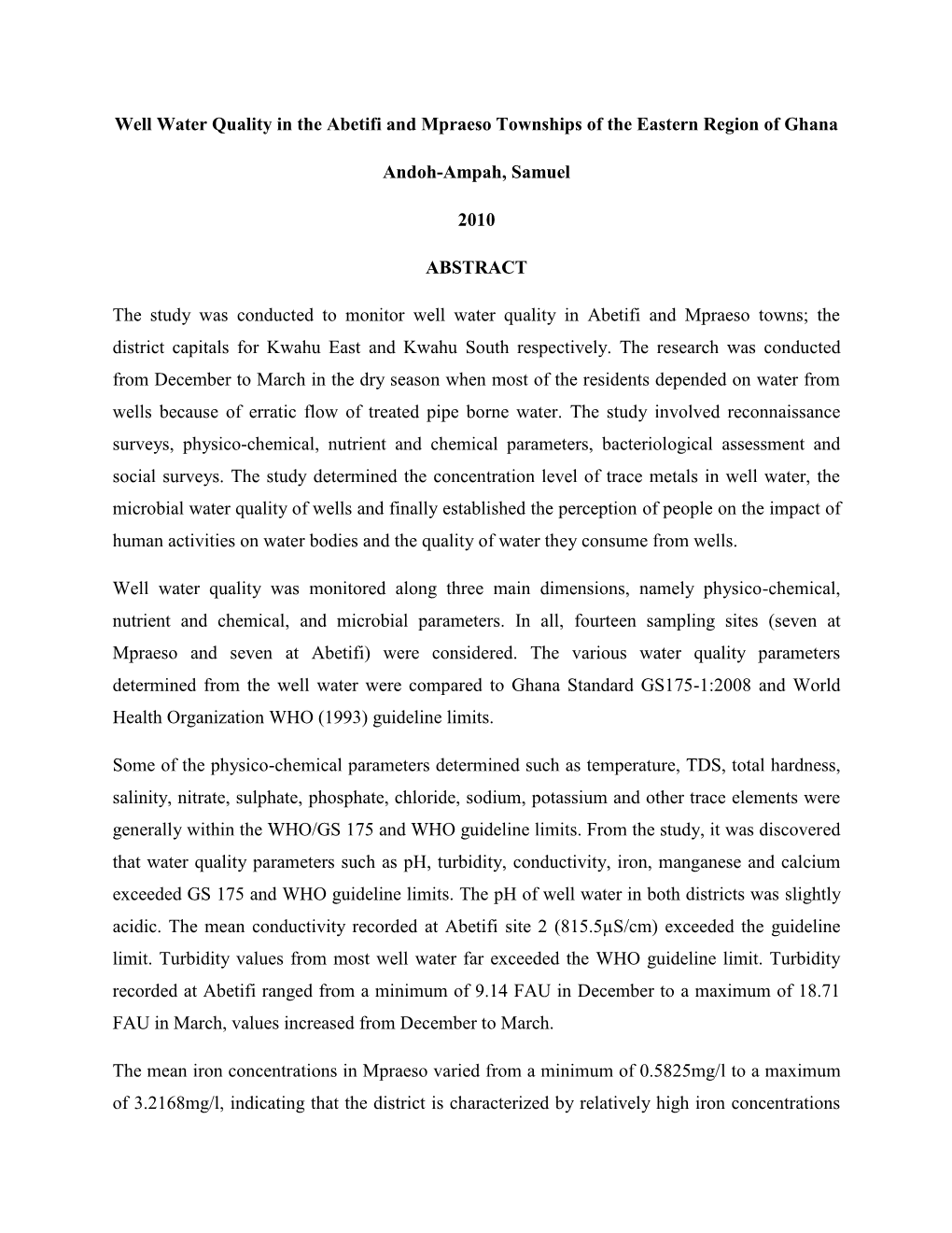 Well Water Quality in the Abetifi and Mpraeso Townships of the Eastern Region of Ghana