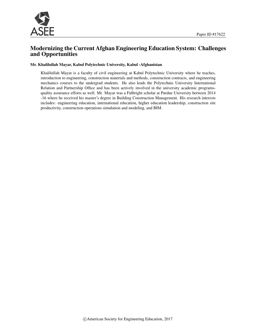 Modernizing the Current Afghan Engineering Education System: Challenges and Opportunities