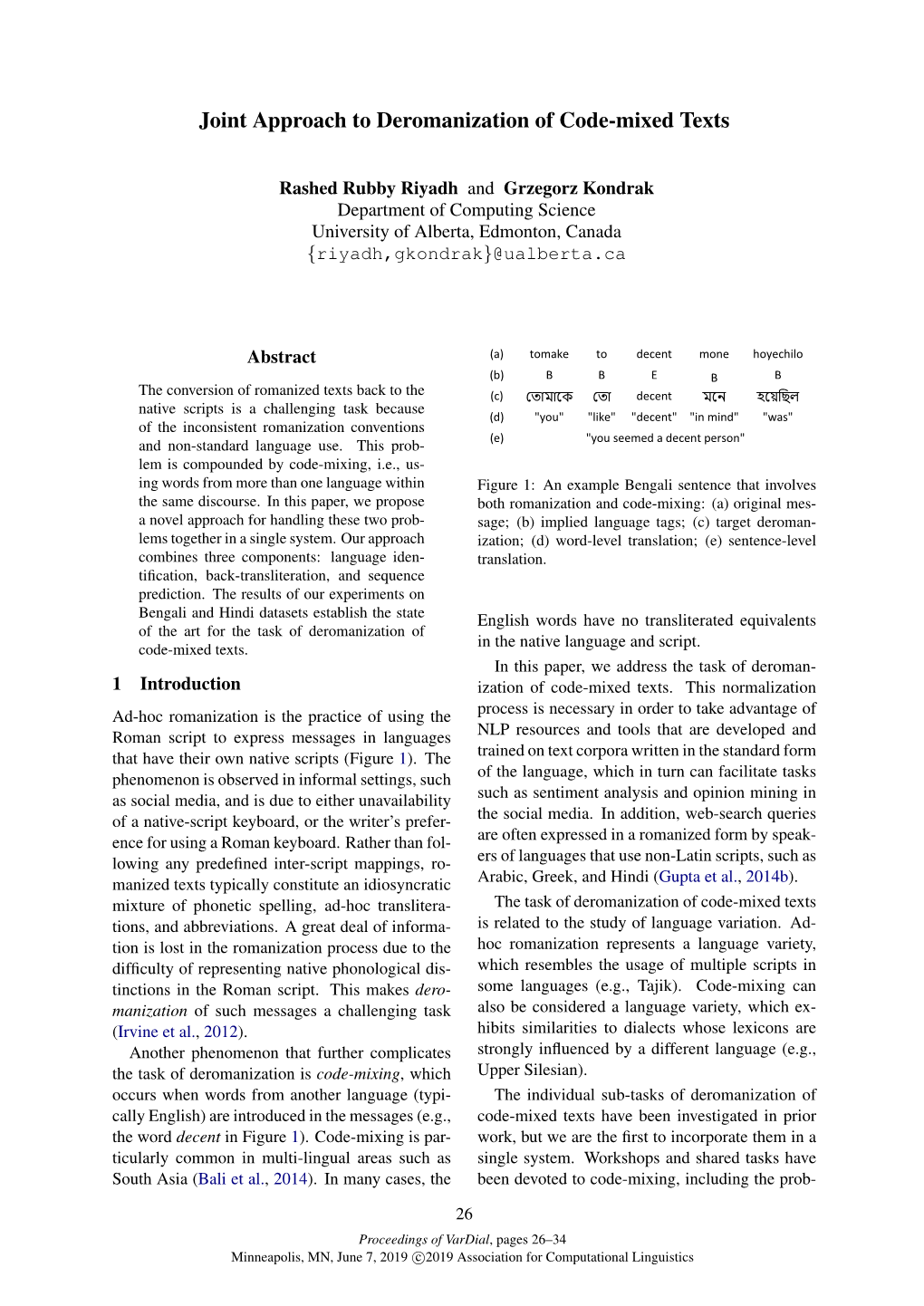 Joint Approach to Deromanization of Code-Mixed Texts