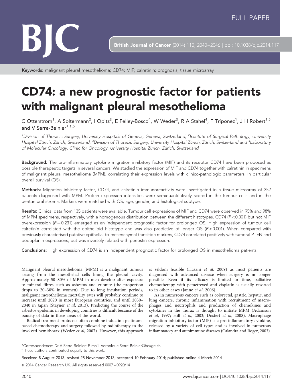 A New Prognostic Factor for Patients with Malignant Pleural Mesothelioma