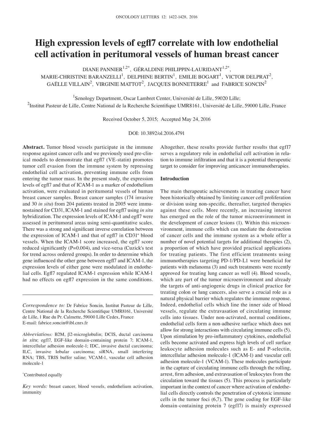 High Expression Levels of Egfl7 Correlate with Low Endothelial Cell Activation in Peritumoral Vessels of Human Breast Cancer