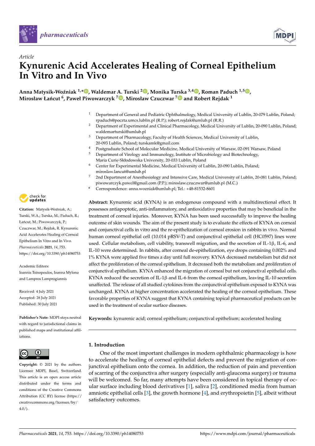 Kynurenic Acid Accelerates Healing of Corneal Epithelium in Vitro and in Vivo