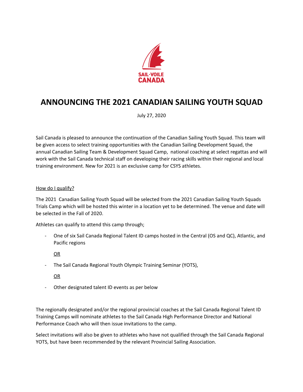 Announcing the 2021 Canadian Sailing Youth Squad