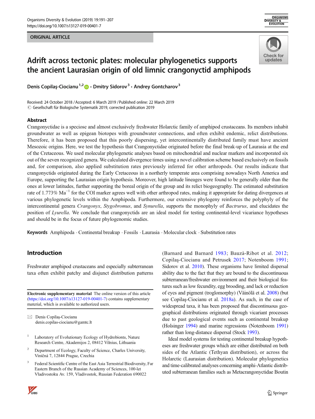 Molecular Phylogenetics Supports the Ancient Laurasian Origin of Old Limnic Crangonyctid Amphipods