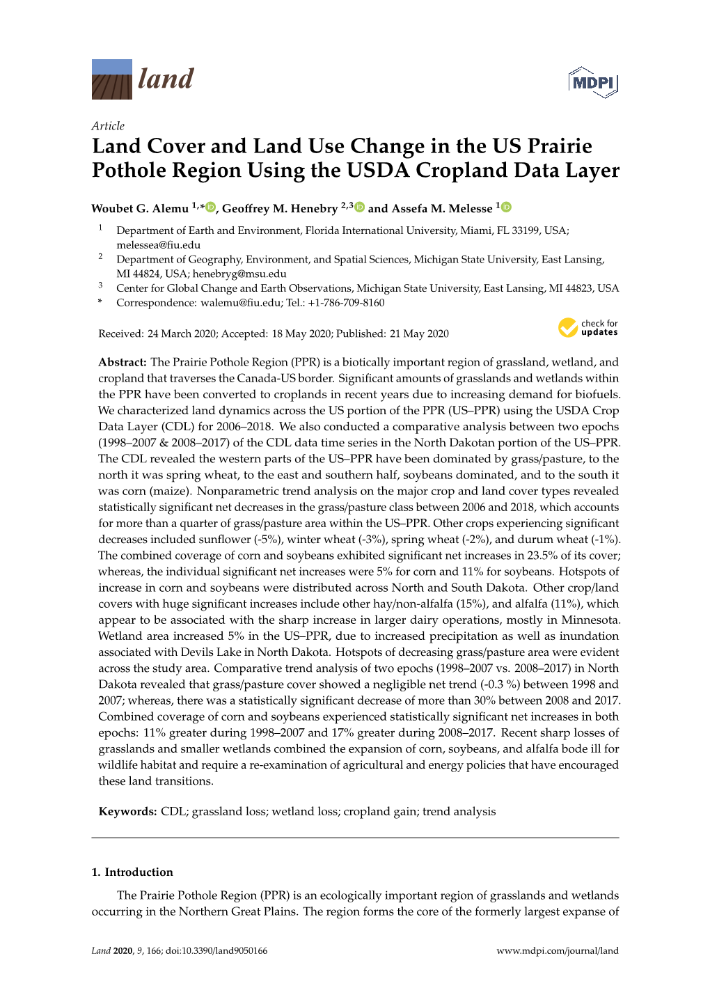 Land Cover and Land Use Change in the US Prairie Pothole Region Using the USDA Cropland Data Layer