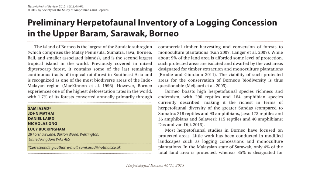 Preliminary Herpetofaunal Inventory of a Logging Concession in the Upper Baram, Sarawak, Borneo