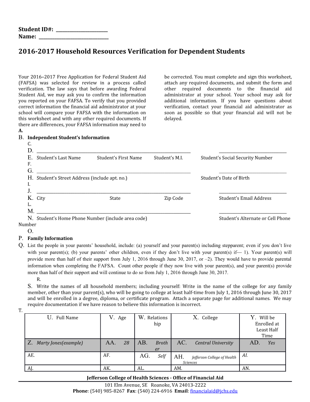 2016-2017 Household Resources Verification for Dependent Students