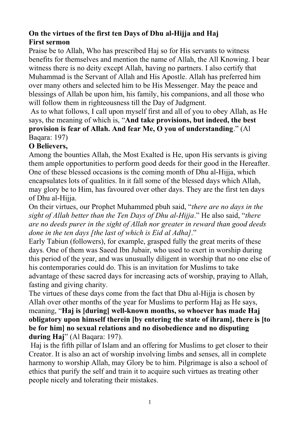 On the Virtues of the First Ten Days of Dhu Al-Hijja and Haj