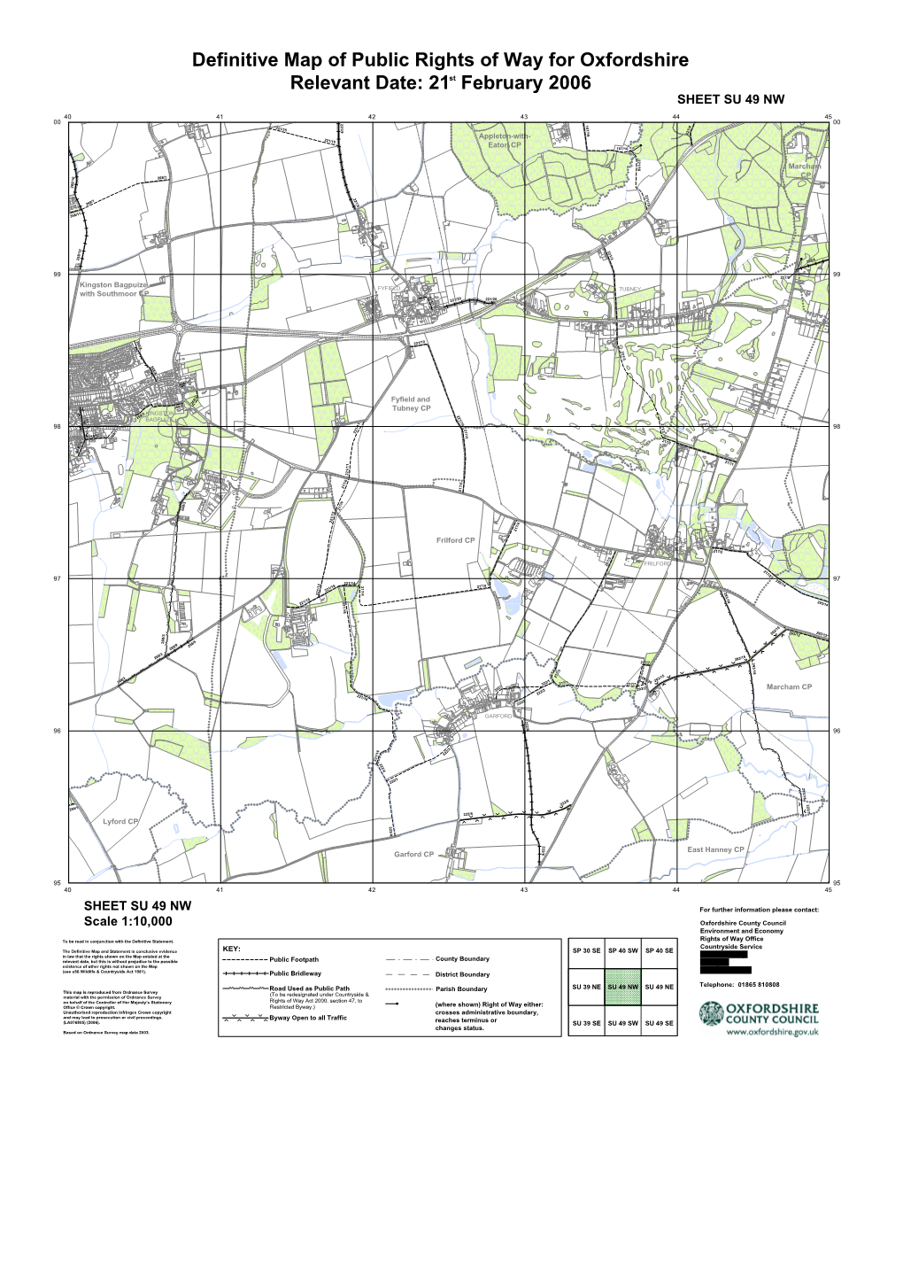 Definitive Map of Public Rights of Way for Oxfordshire Relevant Date: 21St February 2006 Colour SHEET SU 49 NW