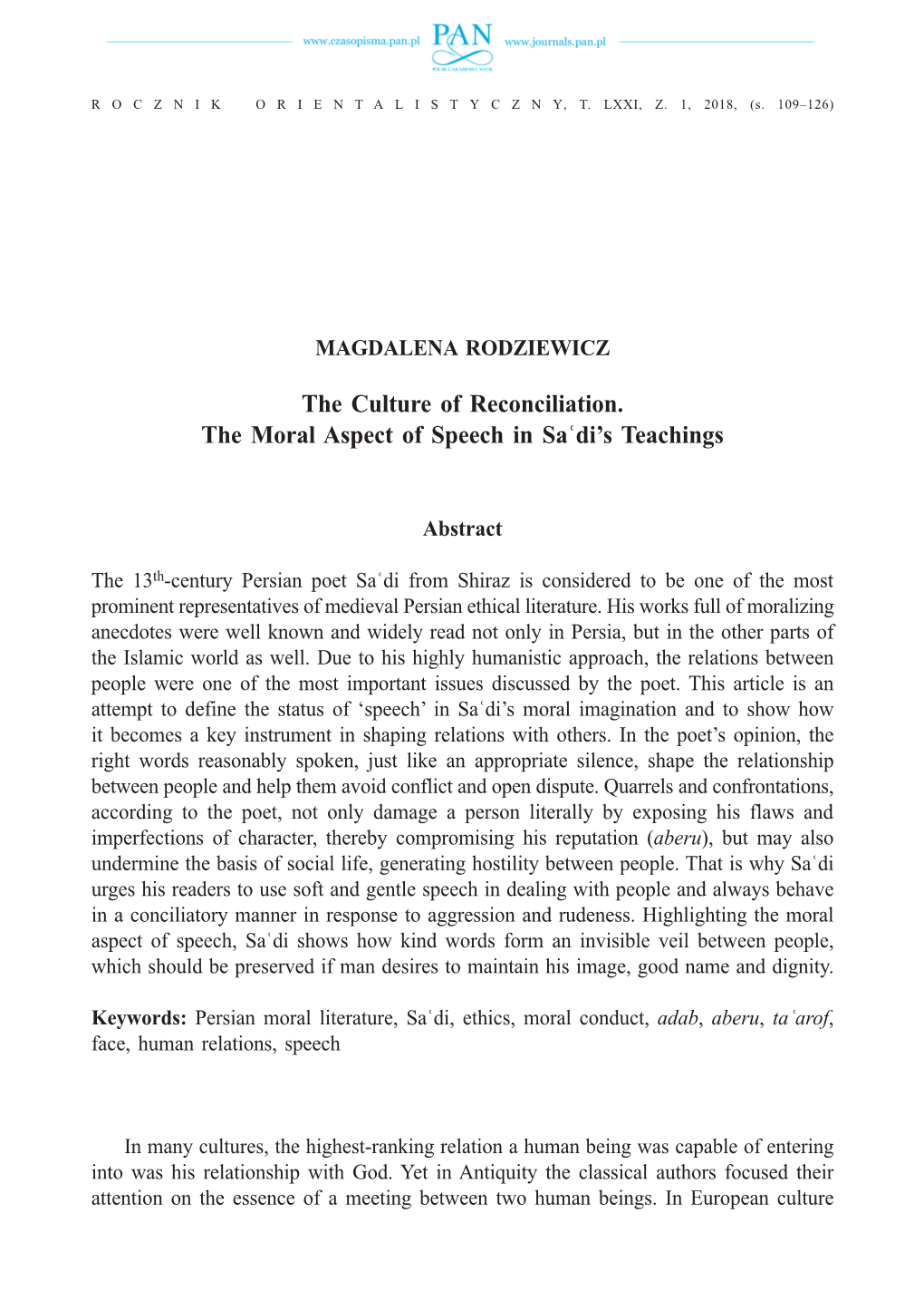 The Culture of Reconciliation. the Moral Aspect of Speech in Saʿdi's