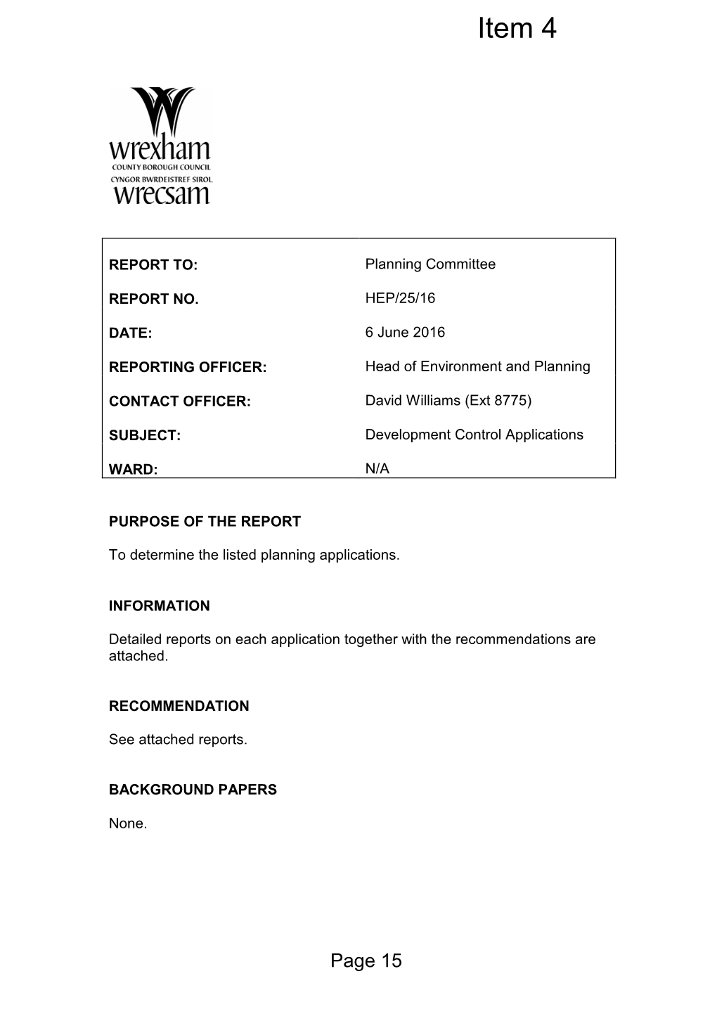 Agenda Document for Planning Committee, 06/06/2016 16:00