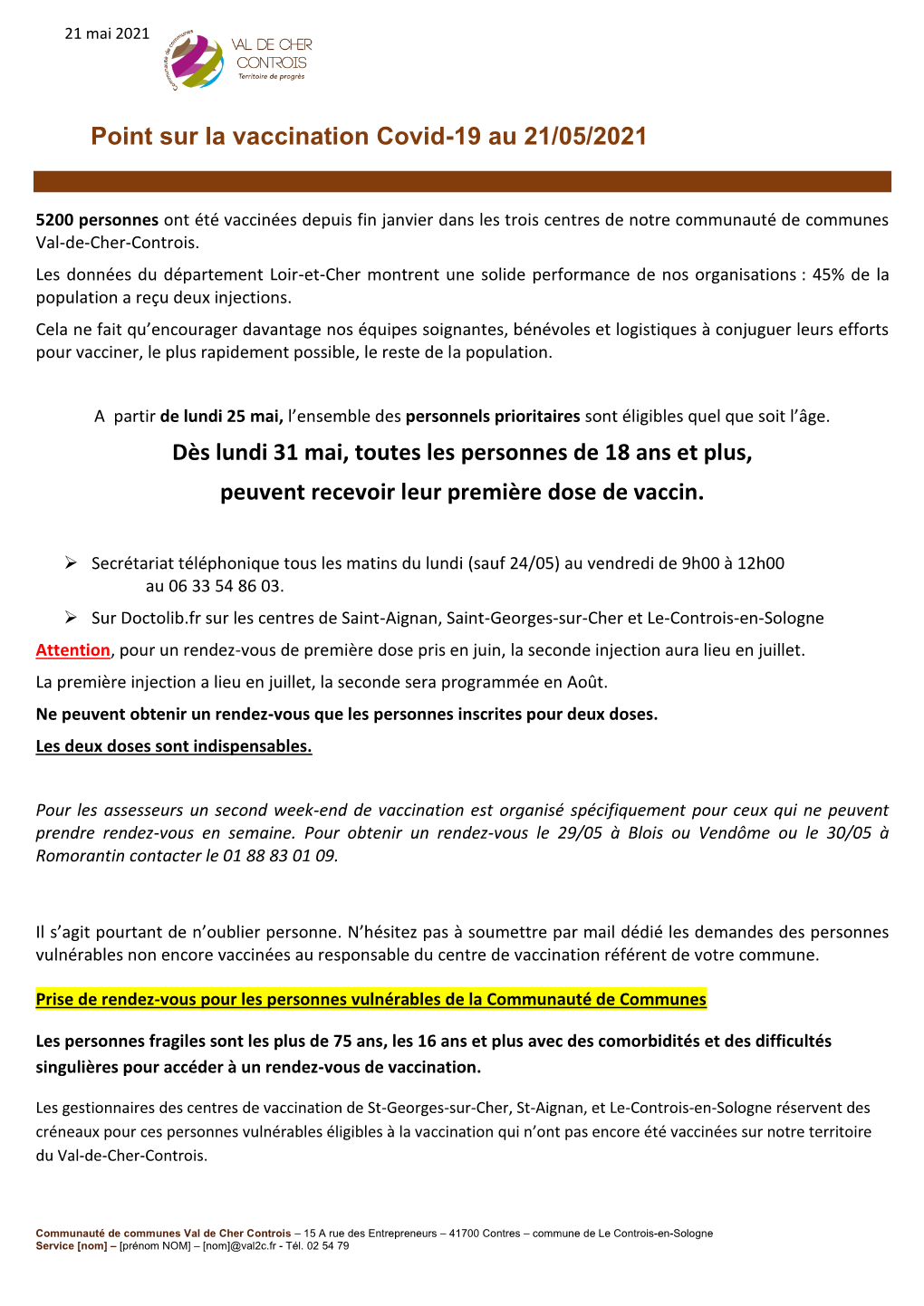 Point Sur La Vaccination Covid-19 Au 21/05/2021 Dès Lundi 31 Mai