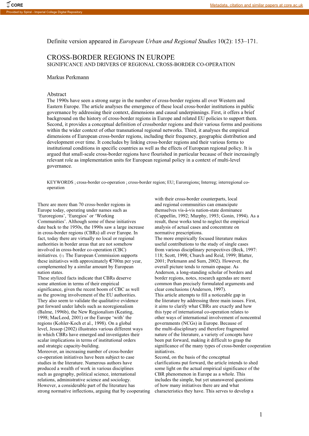 Cross-Border Regions in Europe Significance and Drivers of Regional Cross-Border Co-Operation