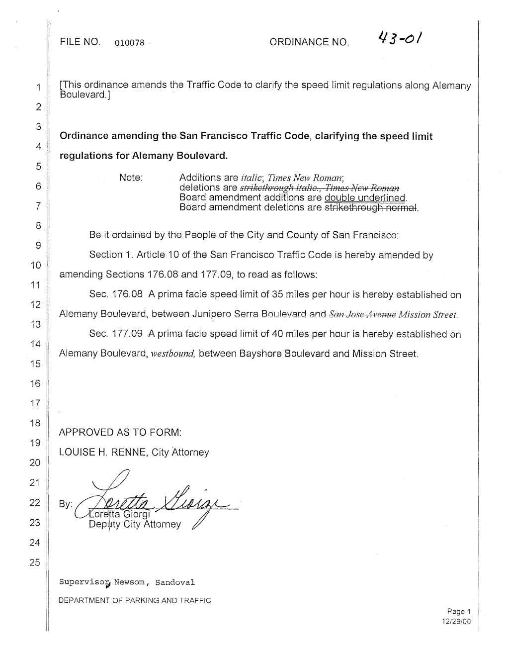 Ordinance Amending the San Francisco Traffic Code, Clarifying the Speed Limit 4 Regulations for Alemany Boulevard