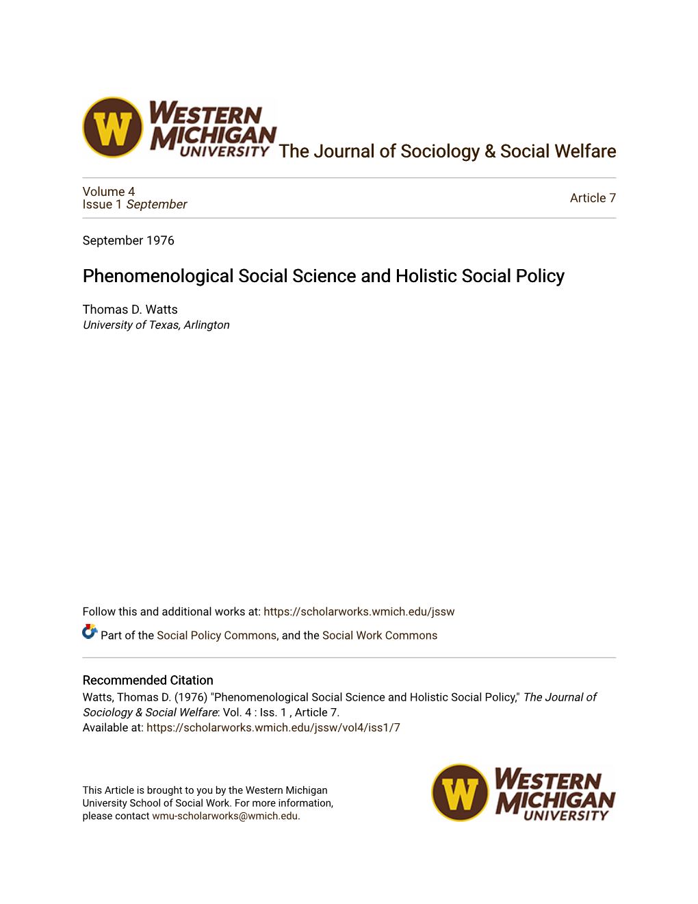 Phenomenological Social Science and Holistic Social Policy