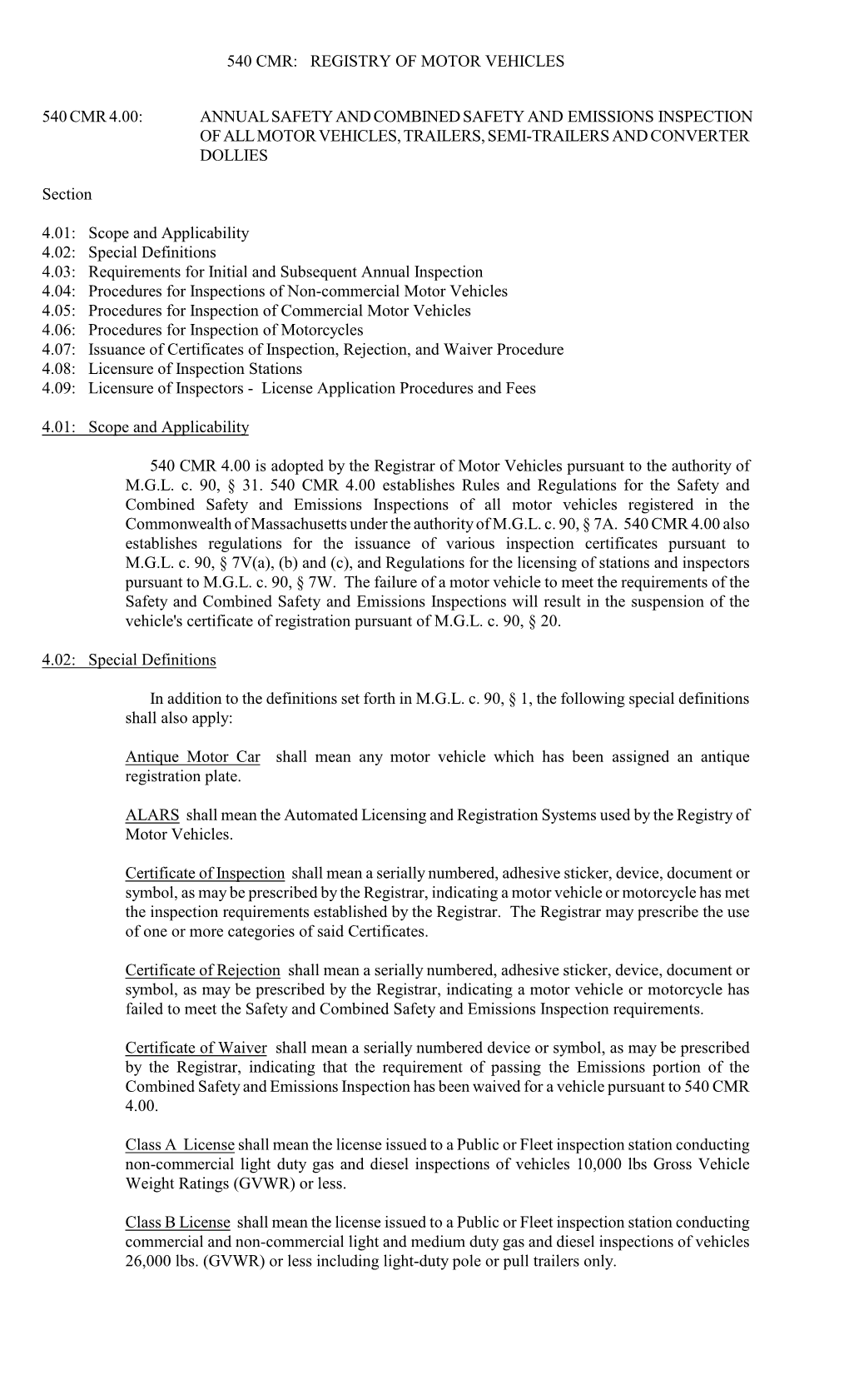 Registry of Motor Vehicles 540 Cmr 4.00